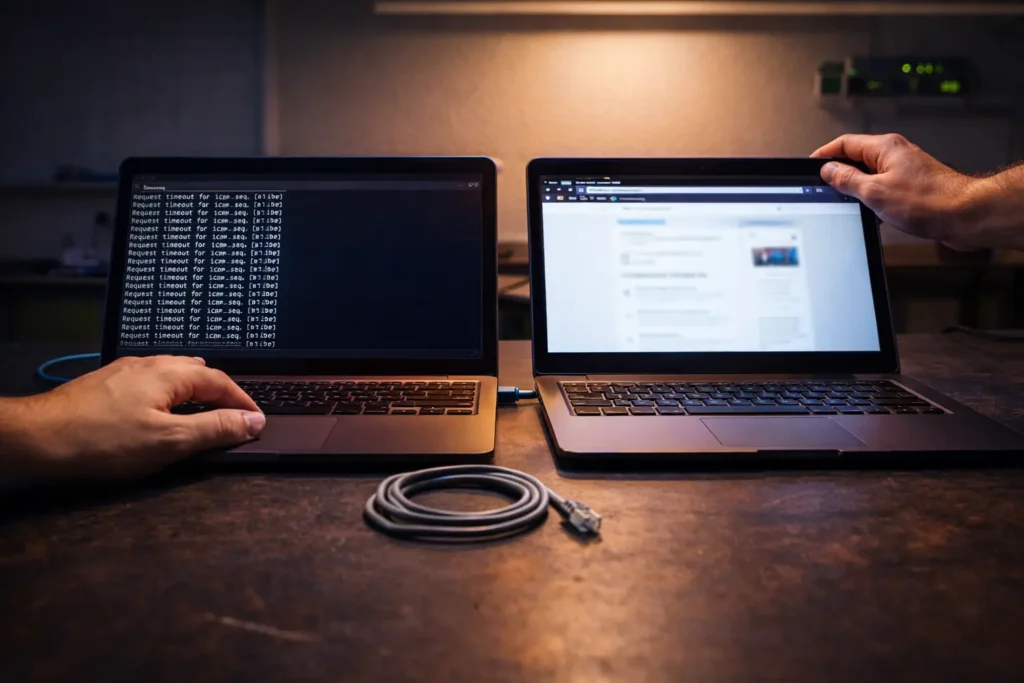 A technician compares two laptops side by side at a lab bench where one shows ping request timed out failures and the other maintains stable connection diagnosing why wifi keeps disconnecting on Windows 11