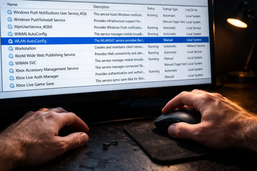 A technician prepares to right-click on the stopped WLAN AutoConfig service in the Windows 11 Services panel to restart it while fixing wifi that keeps disconnecting on Windows 11