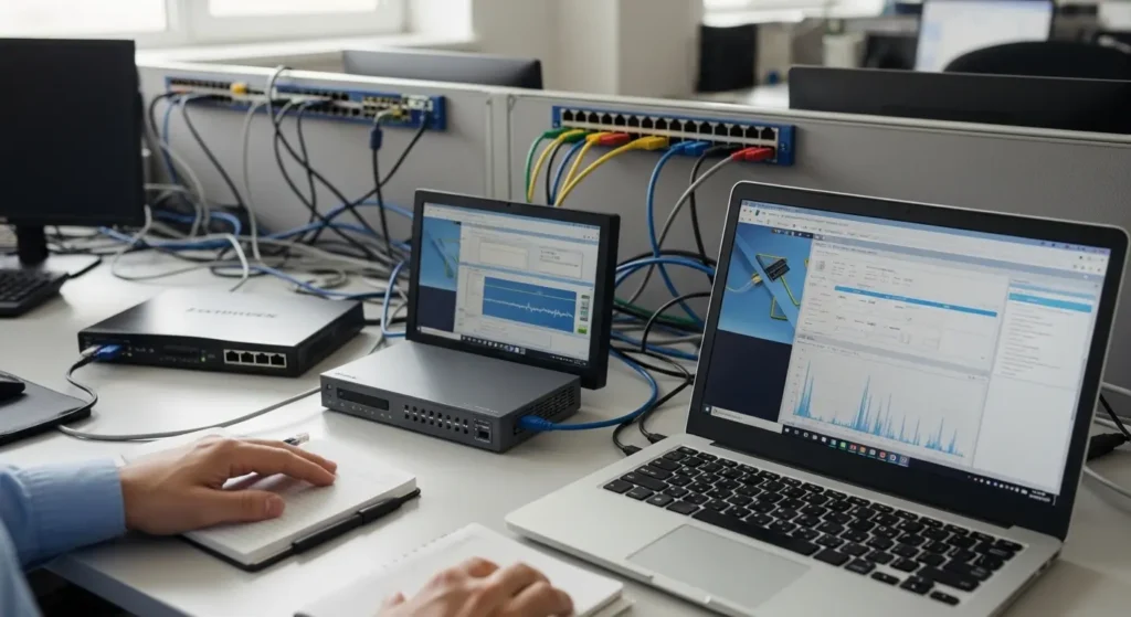 Technician monitoring network activity during a download using performance monitoring tools.