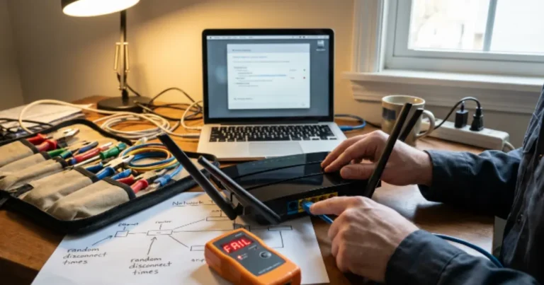 Hands reconnecting an Ethernet cable to a home router while diagnosing random internet disconnections on a Windows laptop.