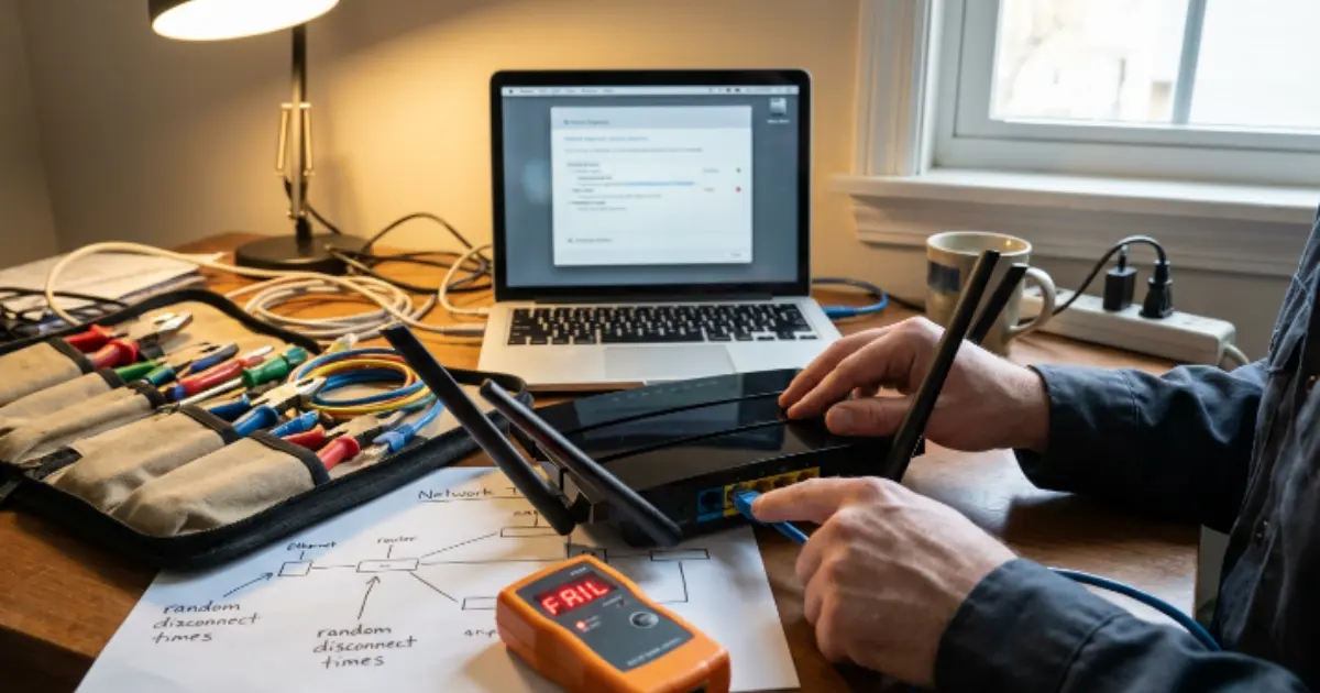 Hands reconnecting an Ethernet cable to a home router while diagnosing random internet disconnections on a Windows laptop.