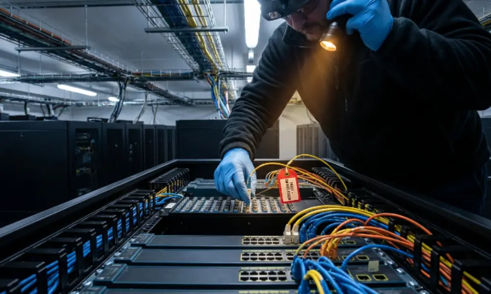 Network engineer adjusting fiber cables in a rack-mounted router while investigating packet loss.