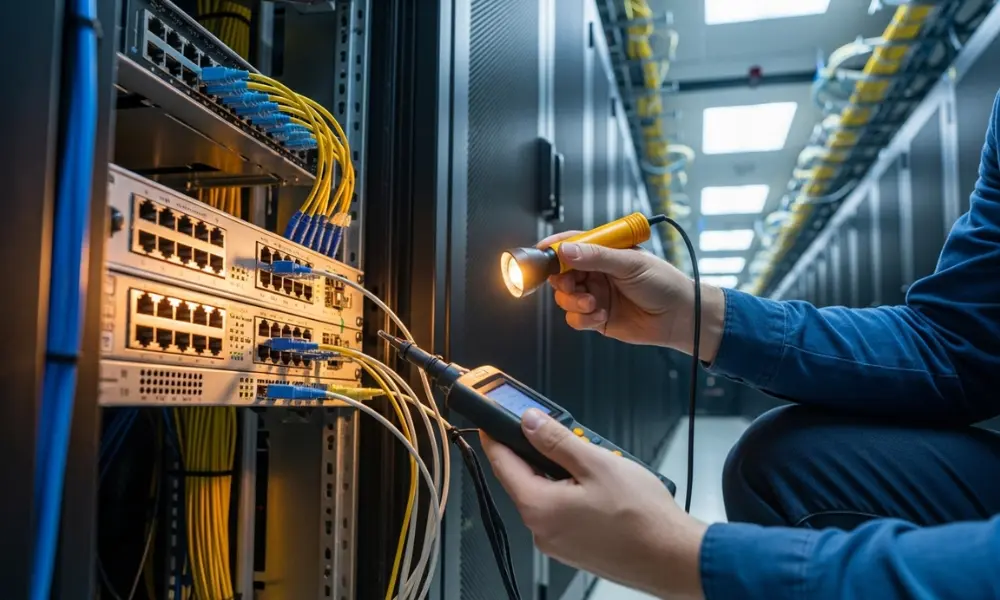 Technician inspecting an Ethernet switch port using a cable tester in a cloud data center.