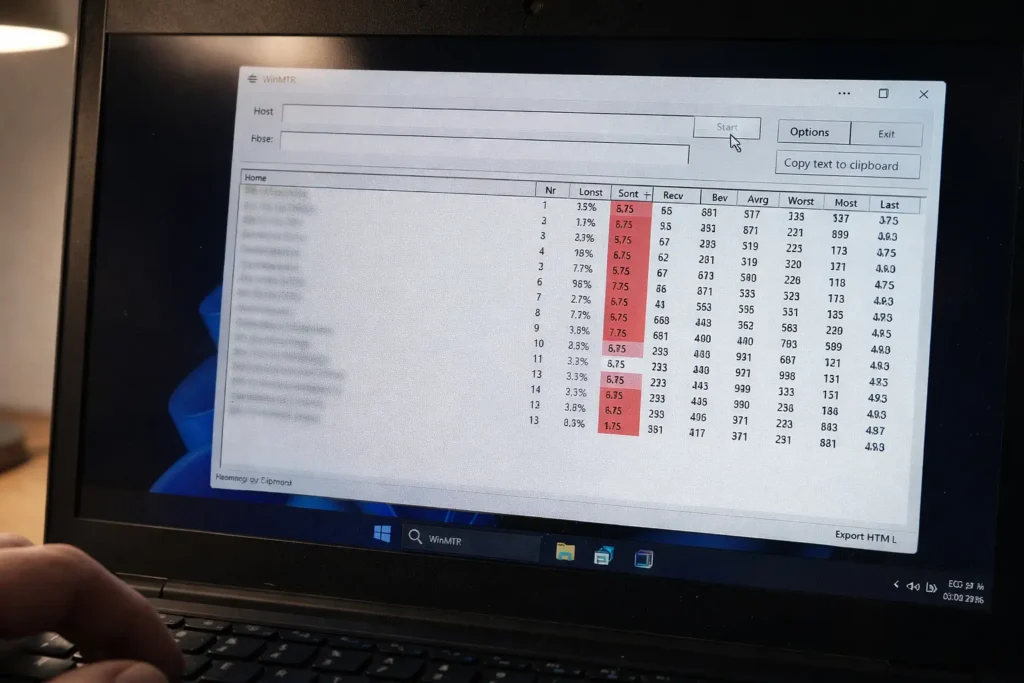 WinMTR application displaying packet loss percentages across network hops on Windows 11 laptop screen