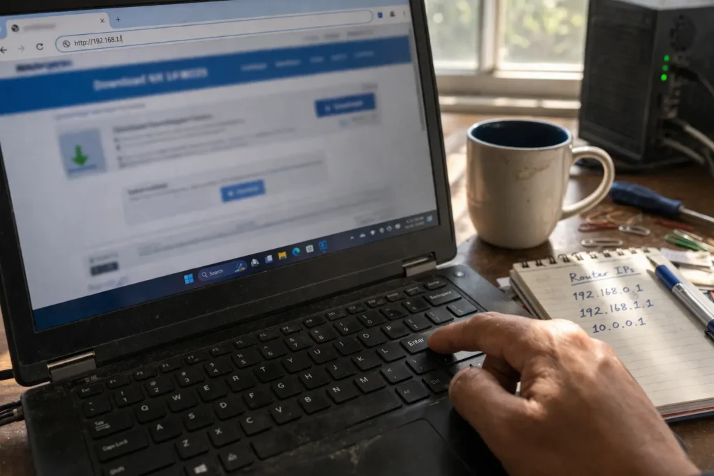 Technician typing WinMTR download URL in browser on Windows 11 laptop to diagnose packet loss issues