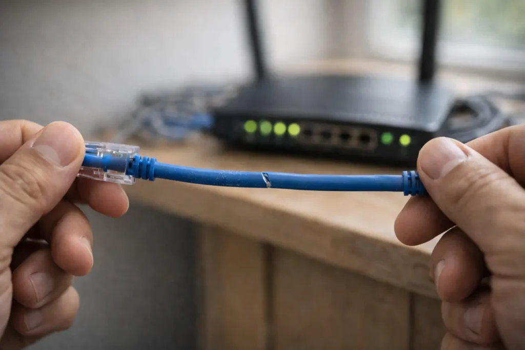 Technician inspecting damaged Ethernet cable for physical issues causing WinMTR packet loss on Windows 11