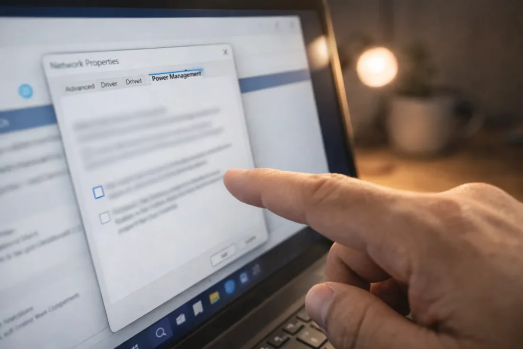 Finger hovering over power management checkbox in Windows 11 network adapter settings to fix WinMTR packet loss