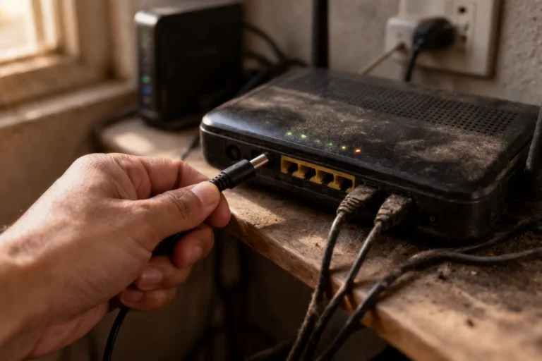 Hand unplugging power cable from router to troubleshoot WinMTR packet loss on Windows 11 network issues