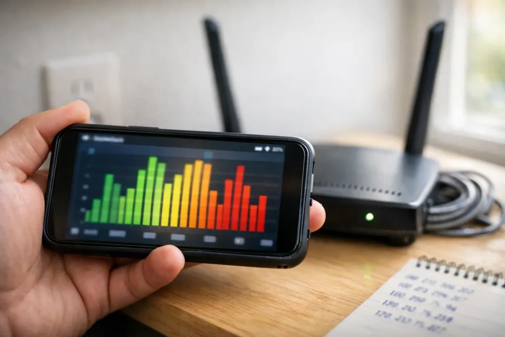 Technician using smartphone Wi-Fi analyzer app near router to fix WinMTR packet loss on Windows 11