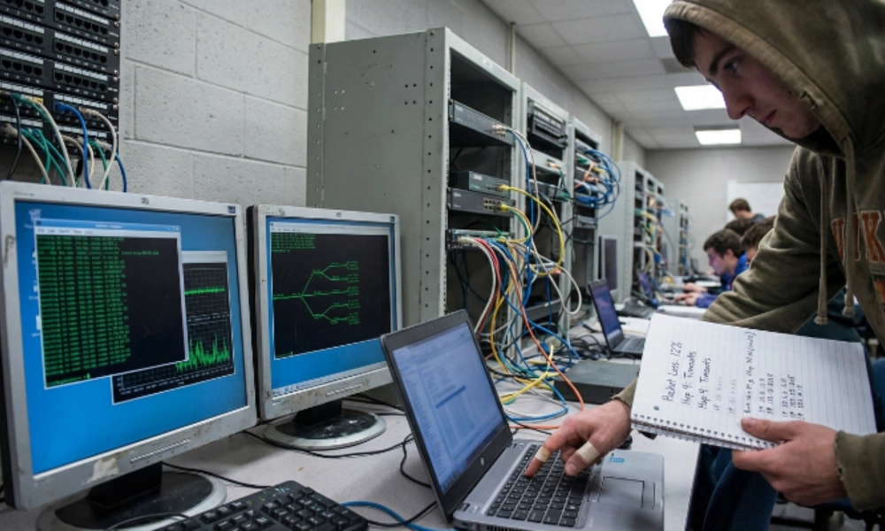 Networking student comparing multiple network diagnostic tools on a workstation in a university lab.