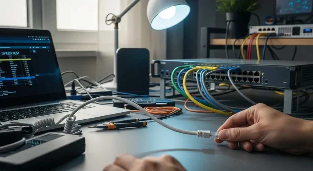 User connecting an Ethernet cable to a laptop during a speed test.