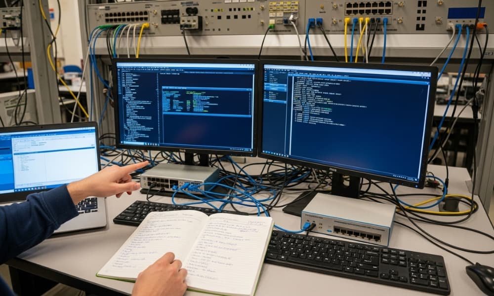Networking student analyzing packet capture results while comparing network diagnostic tools in a university lab.