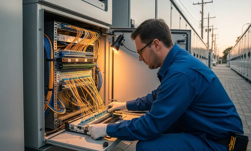 Telecom engineer inspecting fiber connections inside a street fiber distribution cabinet.