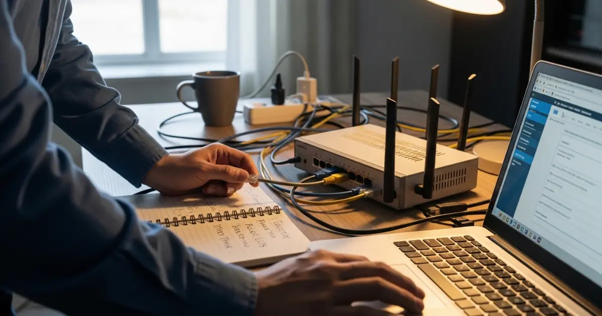 User reconnecting an Ethernet cable while analyzing network traffic on a laptop during home internet troubleshooting.