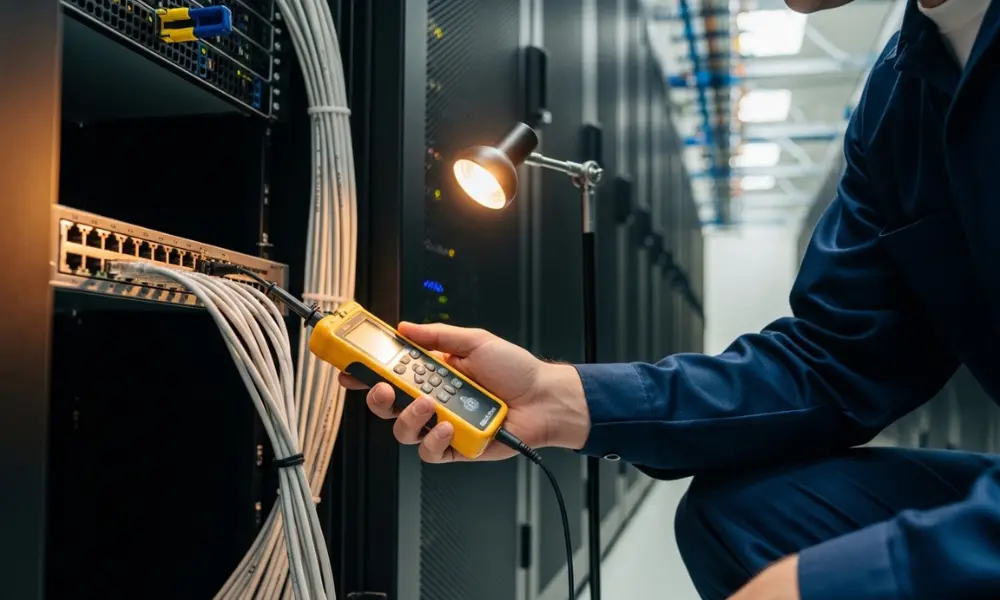 Technician testing an Ethernet switch port with a cable tester inside a data center rack.