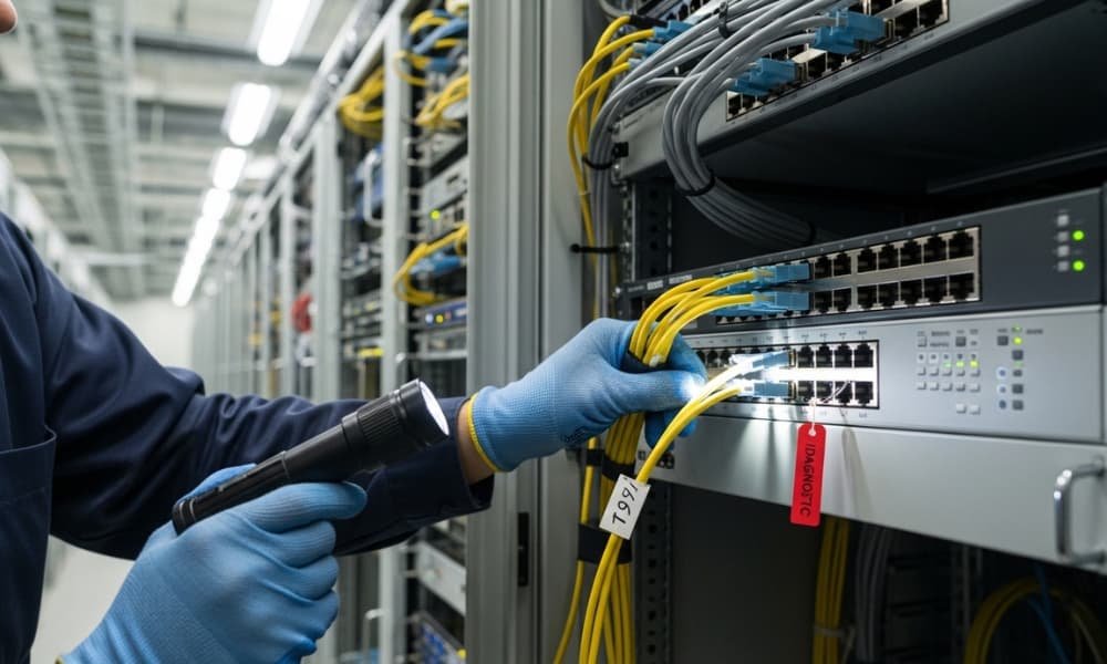 Network technician reseating an Ethernet cable on a routing switch inside a telecom switching facility.