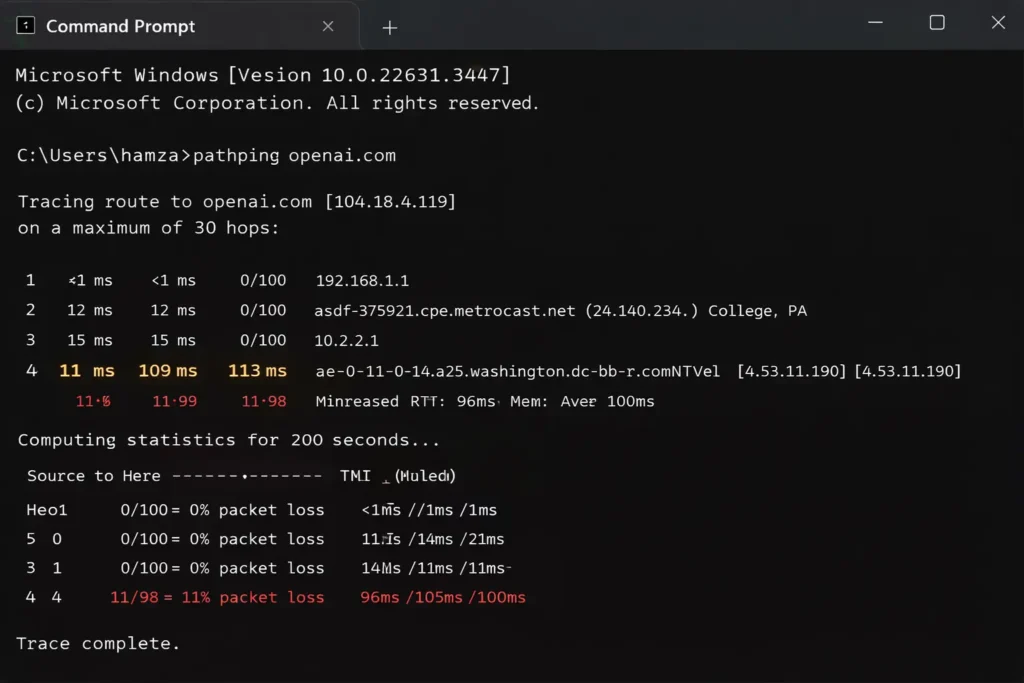 Pathping output showing packet loss and high RTT best tools to test latency on Windows 11