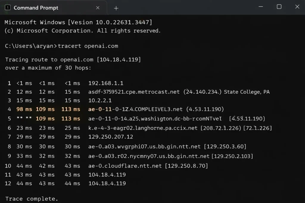 Tracert output showing hop 4 spike best tools to test latency on Windows 11