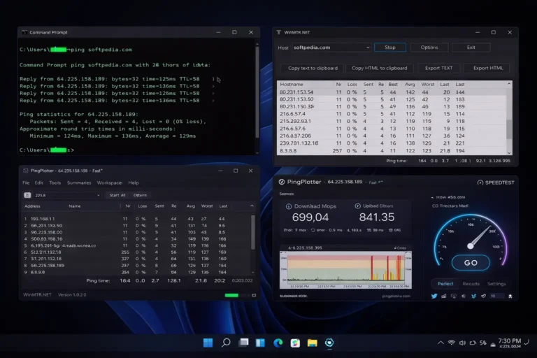 Multiple latency testing tools open on Windows 11 showing ping results graphs and speedtest performance