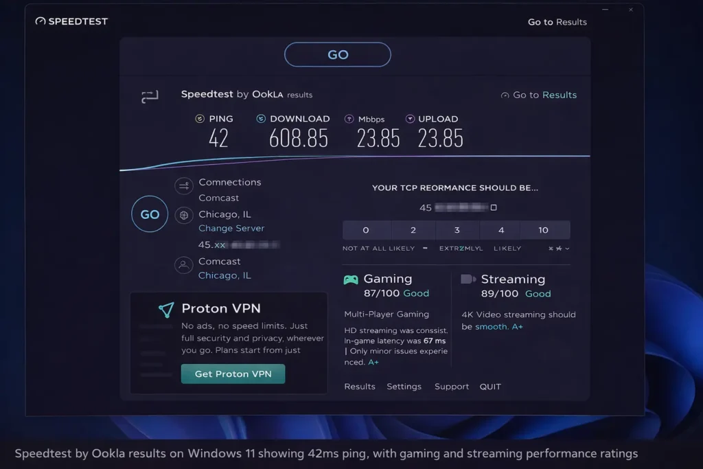 Speedtest by Ookla results showing 42ms ping for best tools to test latency on Windows 11
