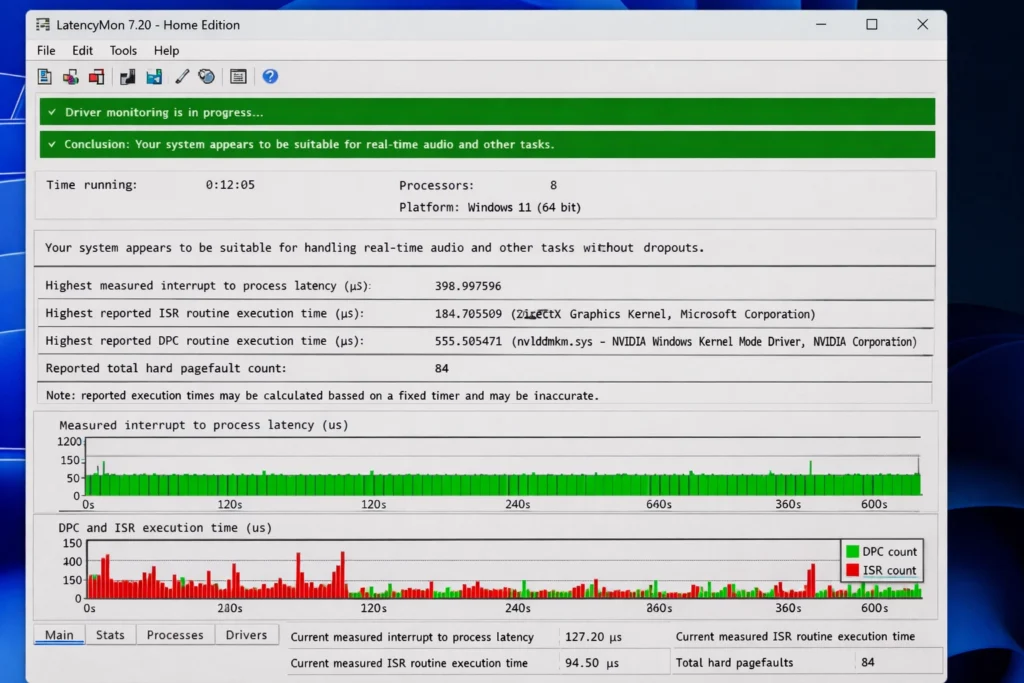 LatencyMon report showing DPC spikes after 12 minutes gaming on Windows 11 latency tools